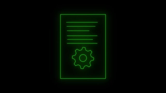 Green Neon Document With Gear Technical Report Icon Loop.