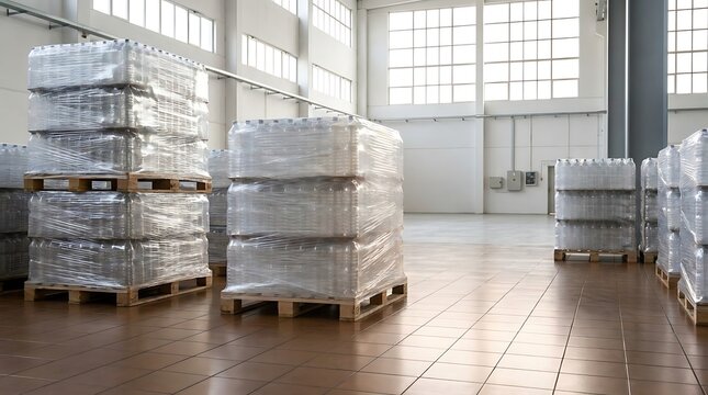 Shrink wrapped stacks of bottled water pallets rest on brown tiled floor inside spacious clean warehouse with natural light from large high wall windows.