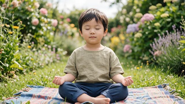 Little East Asian Boy Sitting in Peaceful Guided Meditation