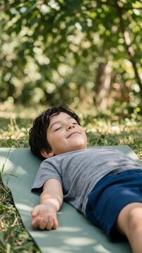 Cheerful Hispanic Boy Relaxing in Yoga Corpse Pose