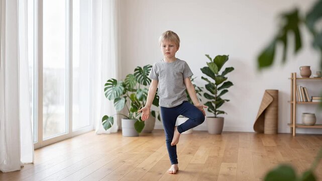 Focused Young Scandinavian Boy Practicing Tree Pose Yoga