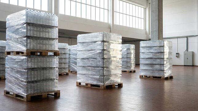 Pallets stacked with transparent plastic bottles wrapped in shrink film stored in a large industrial warehouse with concrete floor and high windows.