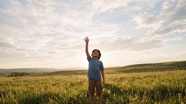 Cheerful Hispanic Boy Reaching Toward Vast Blue Sky