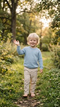 Little Scandinavian Boy Waving Goodbye At Sunset