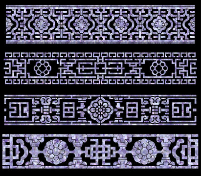 Korean traditional mother-of-pearl inlay decorative border patterns with purple and lavender nacre textures and oriental geometric ornaments on dark background   