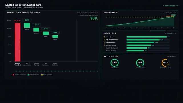 Explore a detailed waste reduction dashboard showcasing significant savings from quality improvement actions with vibrant visuals and engaging animations in a professional layout.