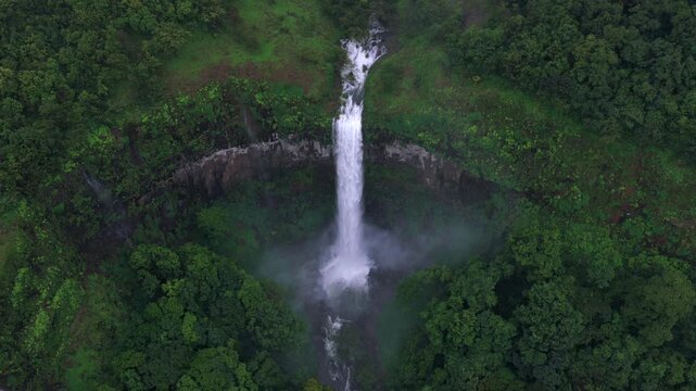 Aerial View of Barki Waterfall Amid Lush Green Forest Kolhapur Maharashtra
