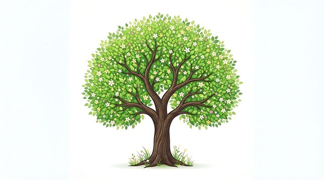 Detailed vector illustration of a lush green tree with a strong trunk and vibrant foliage on a white background