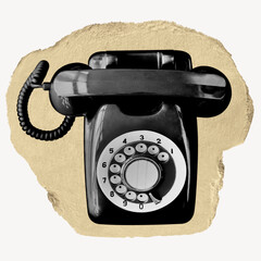Fototapeta na wymiar Black rotary telephone, ripped paper collage element