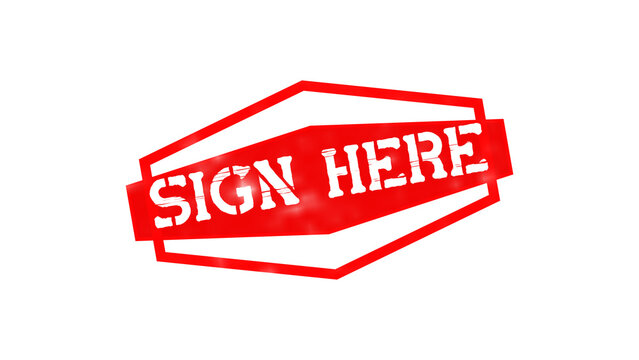 Red hexagonal rubber stamp with the text sign here in a white stencil font on a transparent background, for marking important documents isolated on a transparent background