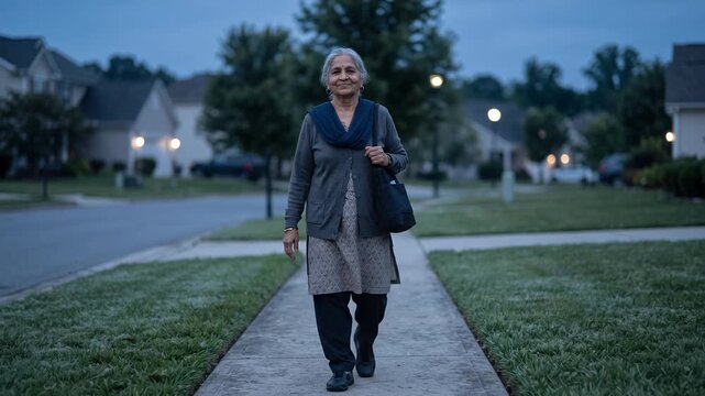 Elderly South Asian Woman Smiling in Blue Hour