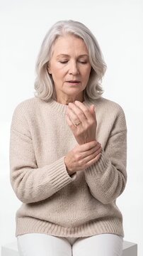 Elderly Scandinavian woman touching painful wrist joint inflammation