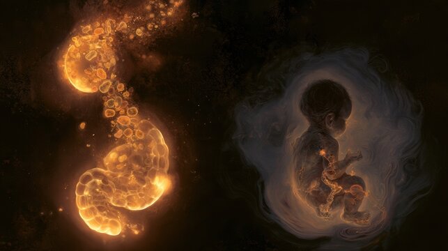 This artwork illustrates microbiome differences in infants from caesarean and vaginal births, showing diverse maternal bacteria as an amber cascade.