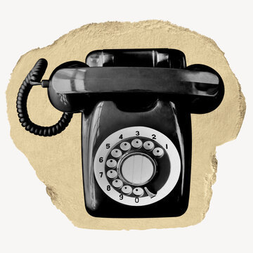 Black rotary telephone, ripped paper collage element