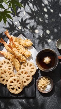 Minimalist High-End Tempura Flatlay with Dappled Sunlight