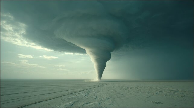 Powerful Tornado Formation with Dark Clouds Over Flat Landscape Under Dramatic Sky Showing Natural Disasters and Weather Patterns