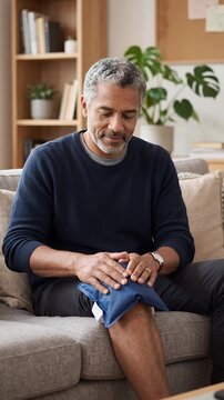Mixed ethnicity man applying cold pack to swollen knee