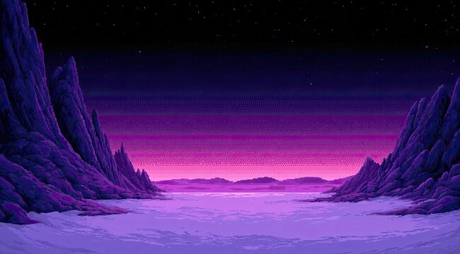 Pixelated landscape with jagged purple mountains and glowing violet mist