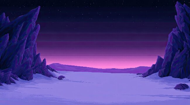 Pixel art alien landscape with jagged purple crystal formations and glowing pink sky