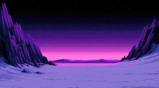 Pixelated alien landscape with glowing water under a starry sky