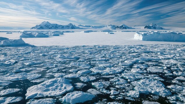 Vast icy expanse with floating icebergs under a dramatic sky