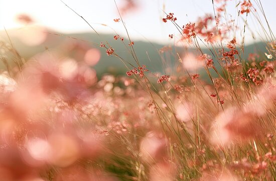 Soft focus meadow with pink wildflowers and blurred golden sunlight