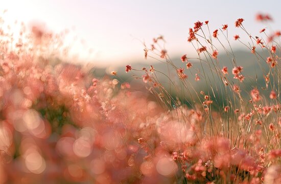 Delicate pink wildflowers sway in soft golden sunlight on a gentle hill