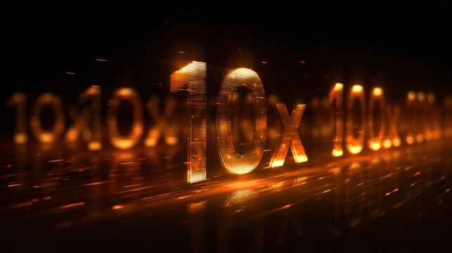 Wide panoramic view of glowing numbers indicating exponential growth in business, with space for text. The atmosphere is dark.