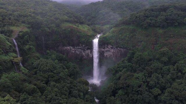 Aerial View of Barki Waterfall Amid Lush Green Forest Kolhapur Maharashtra