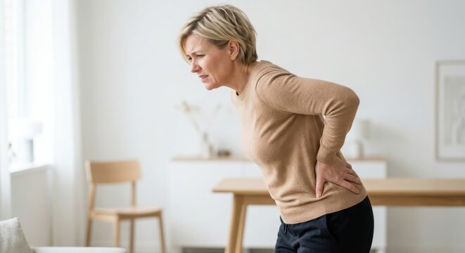 Mature Caucasian Woman Suffering from Severe Lower Back Pain and Muscle Strain while Standing in a Bright Modern Living Room, Feeling Discomfort and Spinal Ache due to Sciatica or Chronic Backache