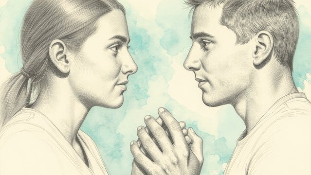 Romantic connection between young couple with hand clasp in portrait style
