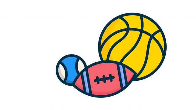 Animated sports and fitness concept. Flat 2D motion graphic showing a golden trophy, basketball, and sports equipment in a seamless loop on transparent background.