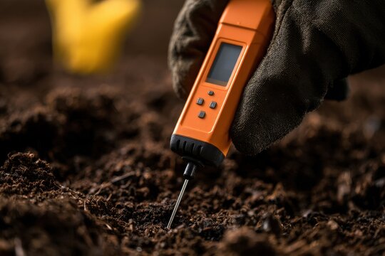 Close-up of a person using a digital soil moisture meter to test ground conditions.