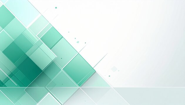 Minimalist white background with translucent green and teal diamond squares