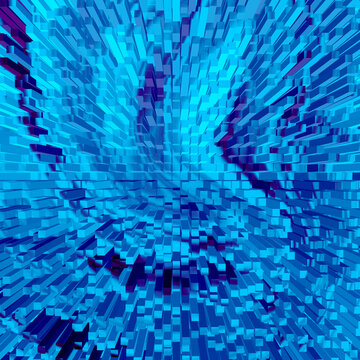 A geometric arrangement of blue rectangular prisms creates a futuristic tunnel like three dimensional space abstract architecture blue tone box shape cubes