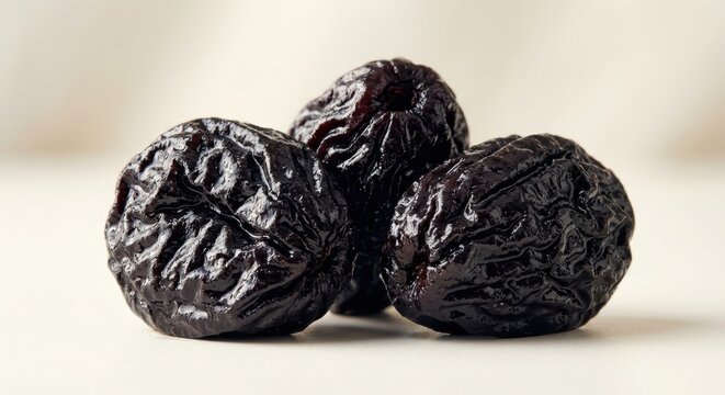 Three organic dried prunes or plums on a light background, rich in fiber and antioxidants, ideal for healthy snacking, digestion support, and nutritious food ingredients in a close-up view.