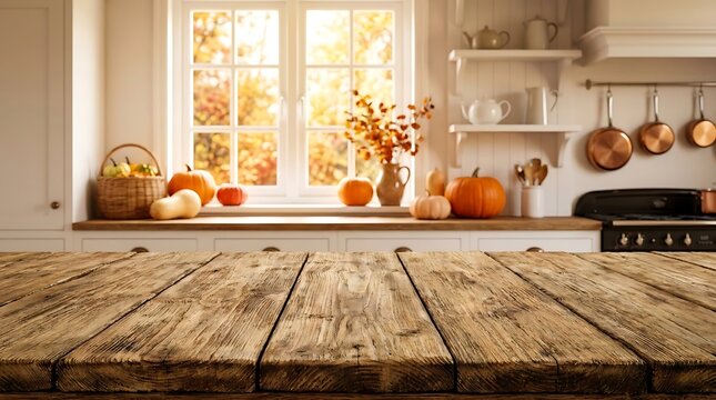 Rustic wooden table in foreground with bright autumn harvest pumpkins and gourds on kitchen counter and window view.
