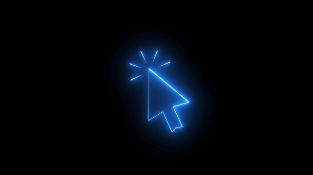 neon mouse cursor arrow icon with click burst rays for pointer selection, website action, and futuristic