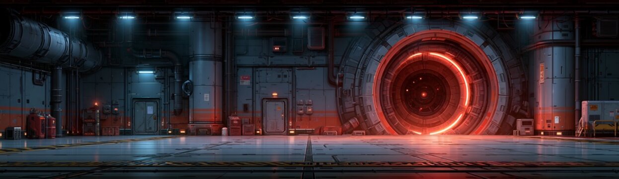 Large industrial room with glowing red circular doorway.