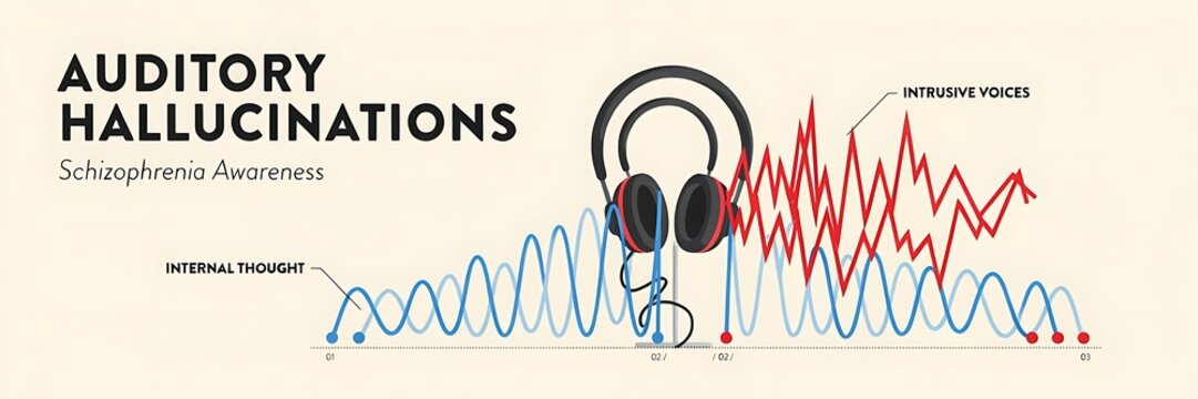 Auditory hallucinations depicted with abstract sound waves and headphones, representing schizophrenia awareness