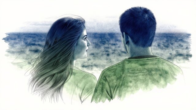 Romantic Couple Gazing at the Horizon Over Ocean Waves Together