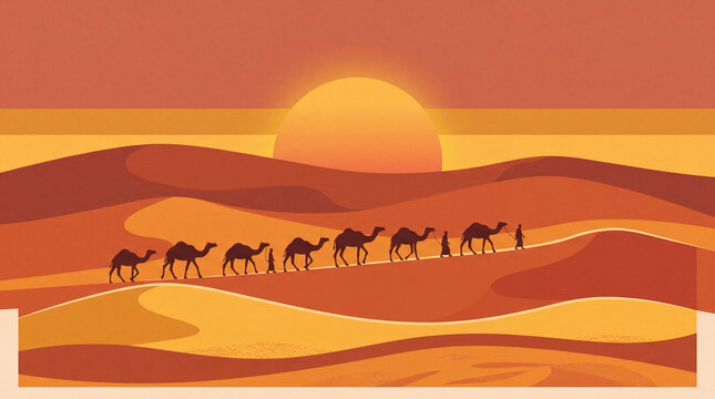 Bedouin people leading a camel caravan across desert dunes under a glowing sunset.