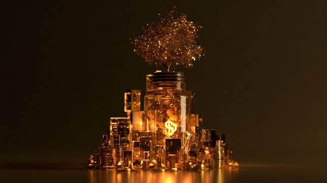 A 3D render illustrates a small amber loan growing into a successful business in a developing economy with a dark background.