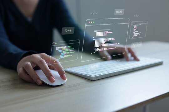 Female Developer Using Mouse and Keyboard with Floating Programming Code Windows