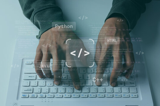 Hands Typing on Laptop with Programming Icons and Digital Code