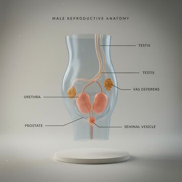 Male reproductive system anatomy diagram, showing testes, vas deferens, seminal vesicle, prostate, and urethra, with labels