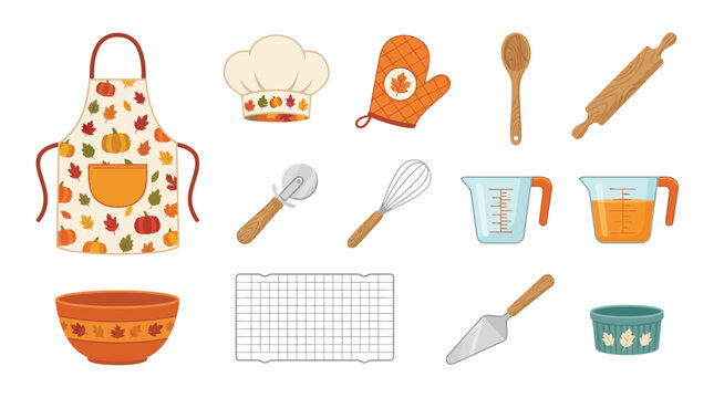 Thanksgiving kitchen tools and apron set, cute autumn baking utensils and chef accessories in flat vector illustration style.