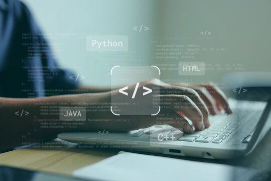 Person Typing on Laptop with Abstract Software Code