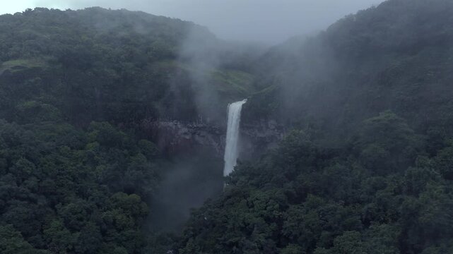 Aerial View of Barki Waterfall Amid Lush Green Forest Kolhapur Maharashtra