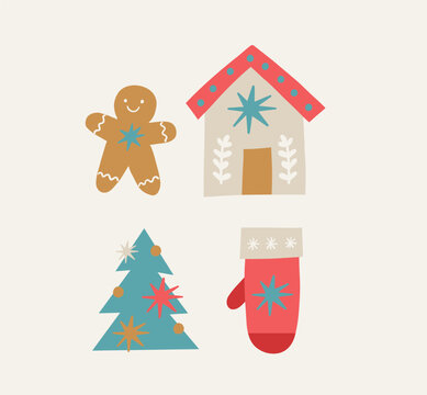 Christmas Hand Drawn vecor print. Festive Holiday clipart. Folk Decor Elements